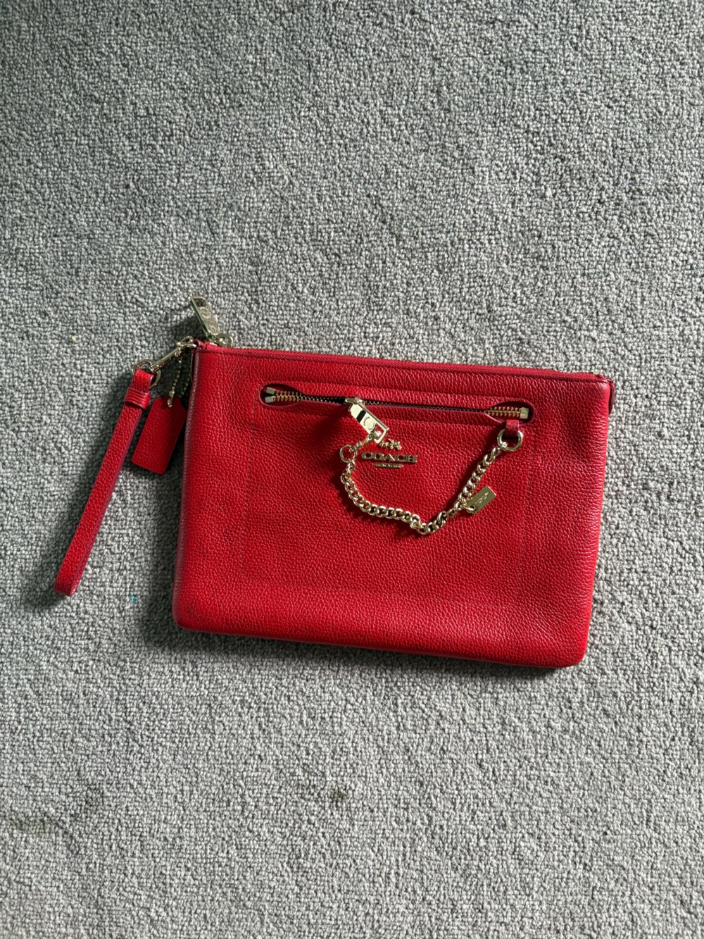 Coach Red Pebble Leather Wristlet with Gold Chain Detail